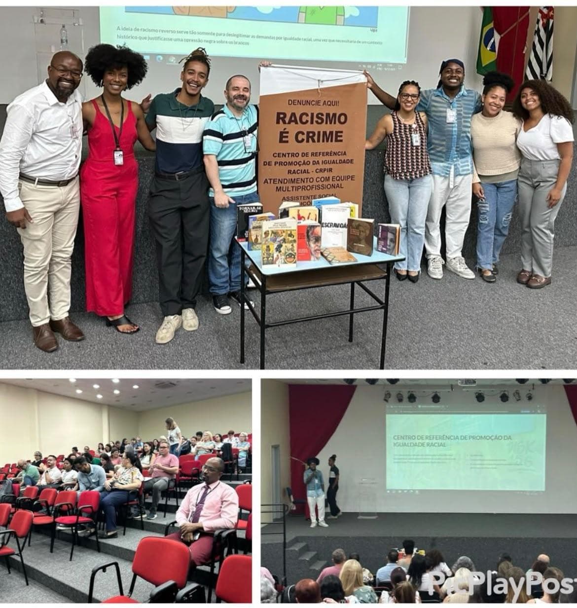 Equipe da reunião de rede ao lado do banner Racismo é crime